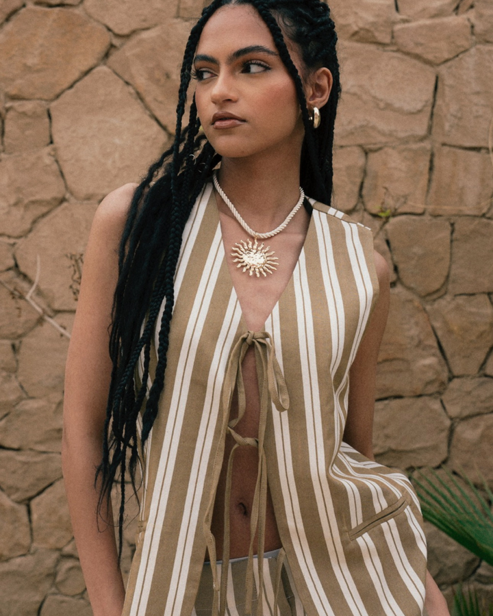 Ribbon Tie Vest - Striped BW