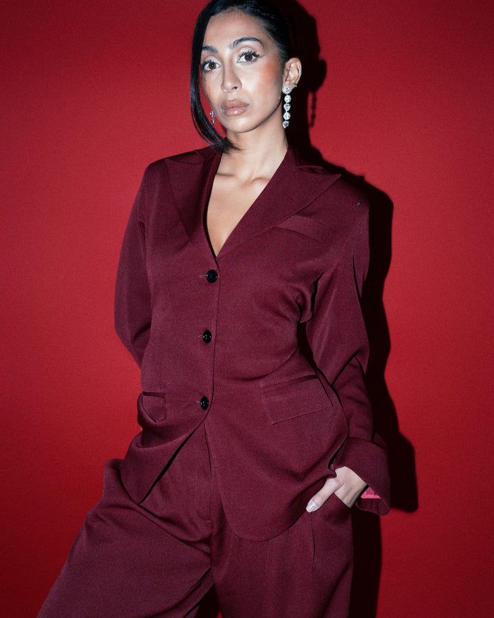 Burgundy Cinched Waist Blazer