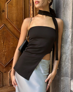 
                  
                    Load image into Gallery viewer, Side Slit Top with Neck Tie - Black
                  
                