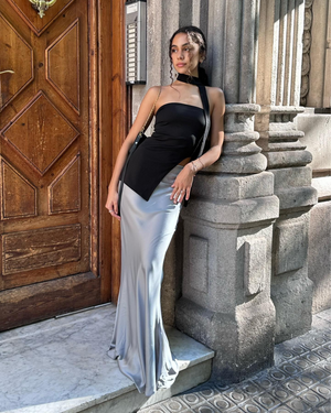 
                  
                    Load image into Gallery viewer, Drappy Satin Maxi Skirt - Silver
                  
                