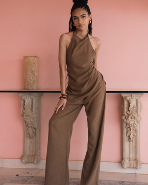 
                  
                    Load image into Gallery viewer, Halter Backless Linen Top - Choco Brown
                  
                