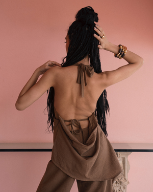 
                  
                    Load image into Gallery viewer, Halter Backless Linen Top - Choco Brown
                  
                