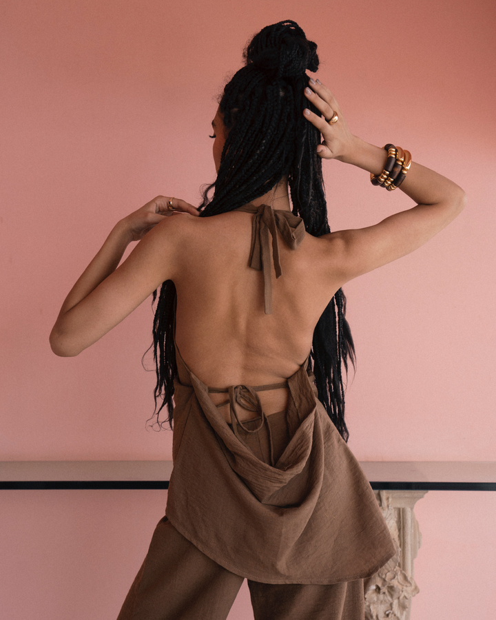 Halter Backless Linen Top - Choco Brown